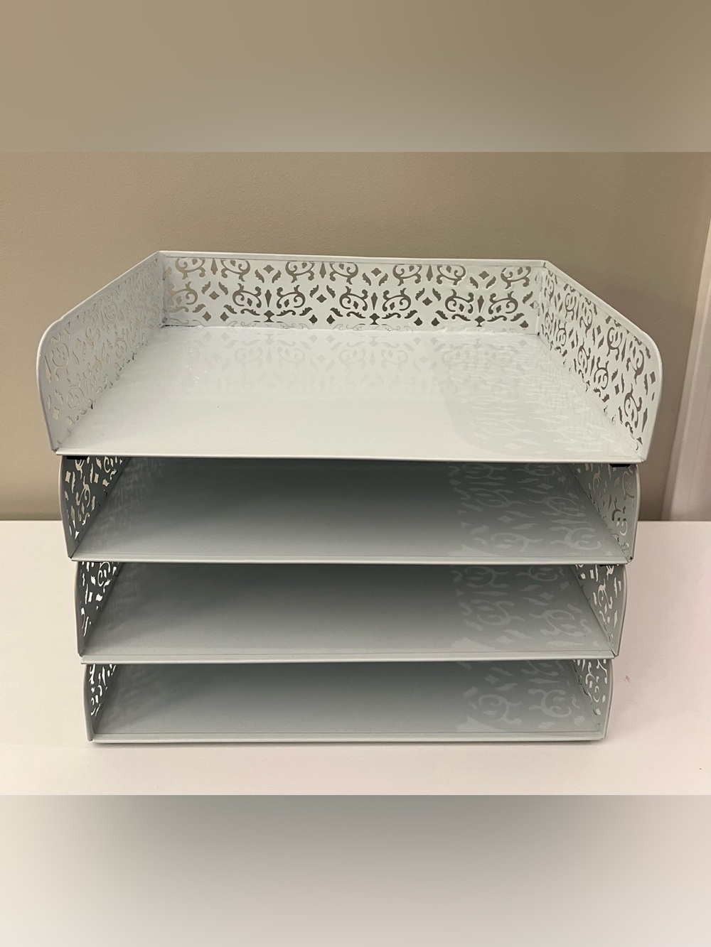 4 White Metal Stackable Paper Trays from The Container Store - Like New